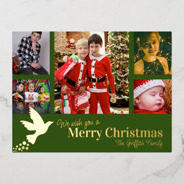 Merry Christmas 6 photos green flying dove Foil Holiday Postcard (Front)