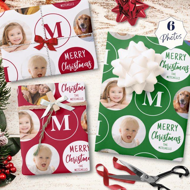 Merry Christmas 6 Photos Monogram Red Green Wrapping Paper Sheet (Creator Uploaded)