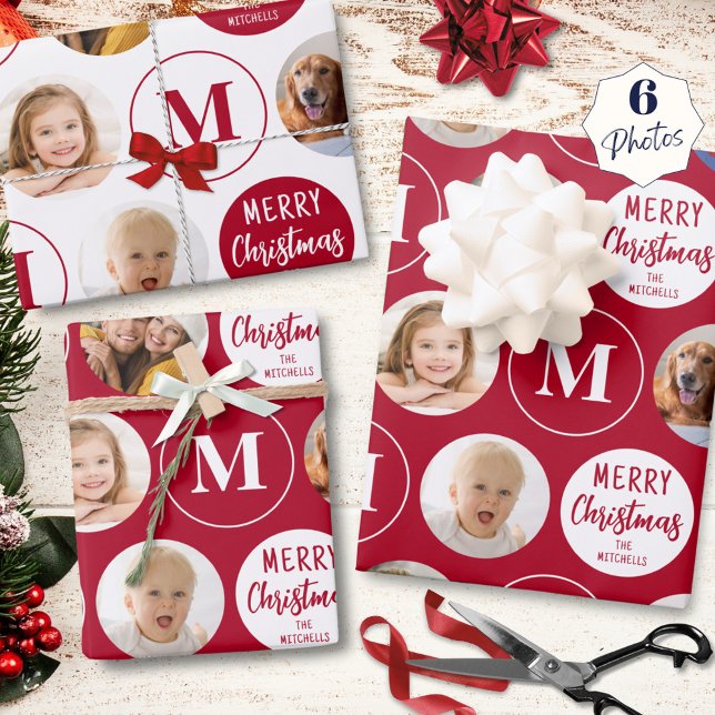 Merry Christmas 6 Photos Monogram Red White Wrapping Paper Sheet (Creator Uploaded)