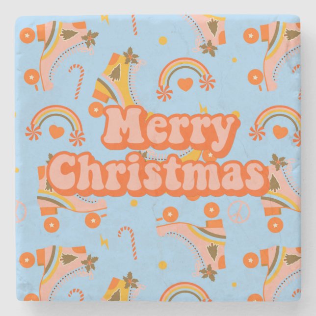 Merry Christmas 70s groovy disco pattern  Stone Coaster (Front)