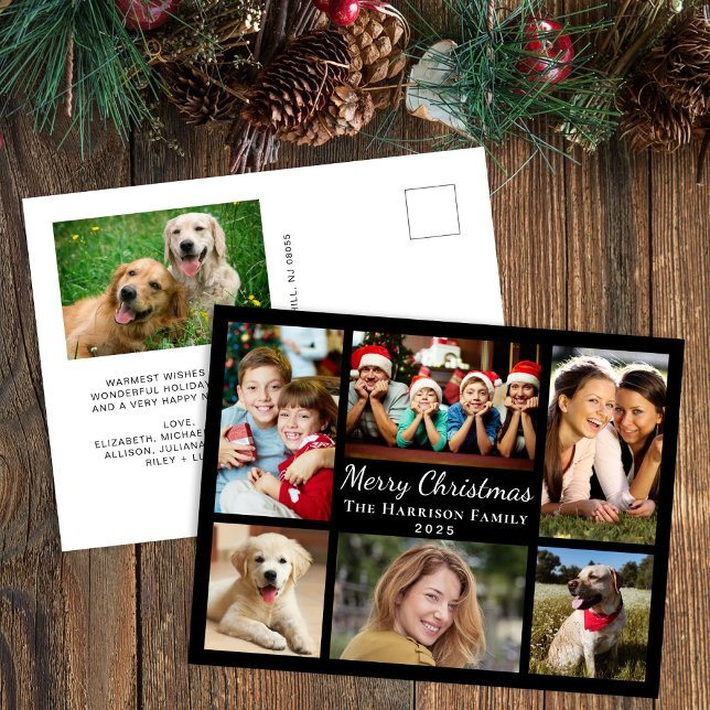 Merry Christmas 7 Photo Collage Black Holiday Postcard (Share the love and warmth of the season with your personalized photo Christmas postcard)