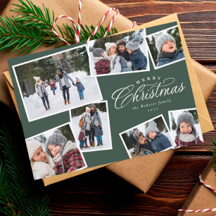 Merry Christmas 7 photo collage hunter green Holiday Card