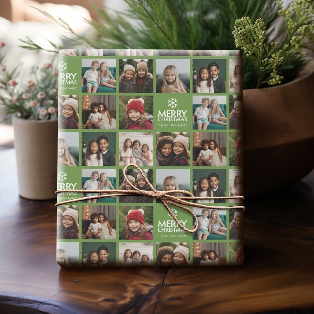 Merry Christmas 8 Photo Collage Avocado Green Wrapping Paper (Personalized Photo Wrapping Paper)