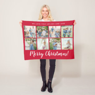 Merry Christmas 8 Photo Custom Message   Red Fleece Blanket