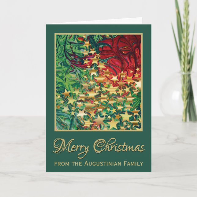 MERRY CHRISTMAS Abstract Red Green Gold Stars Holiday Card (Front)