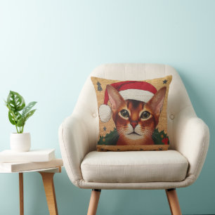 Merry Christmas Abyssinian Cat, Xmas Santa Kitten Cushion
