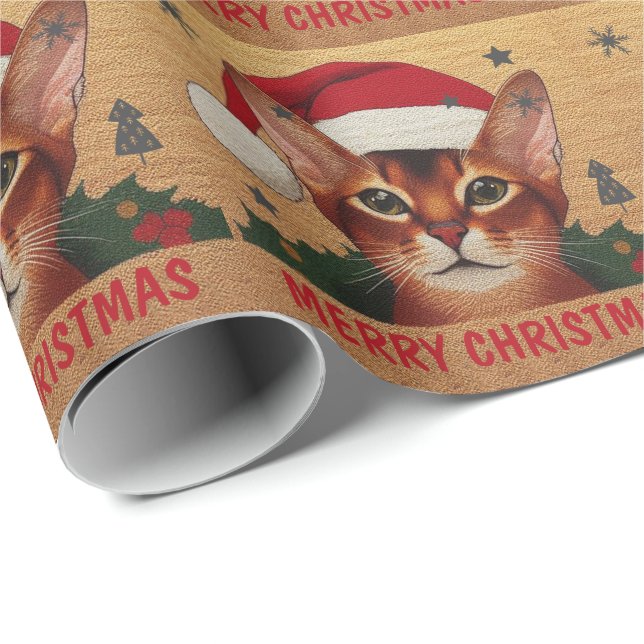 Merry Christmas Abyssinian Cat, Xmas Santa Kitten Wrapping Paper (Roll Corner)