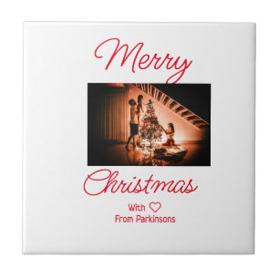 Merry Christmas add family name photo red simple m Ceramic Tile