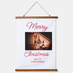 Merry Christmas add family name photo red simple m Hanging Tapestry