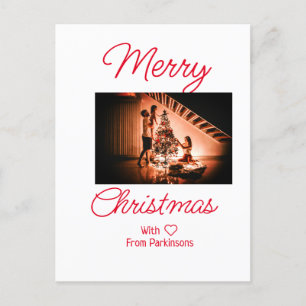 Merry Christmas add family name photo red simple m Postcard