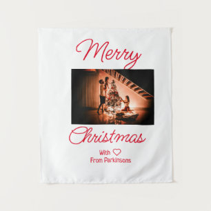 Merry Christmas add family name photo red simple m Tapestry