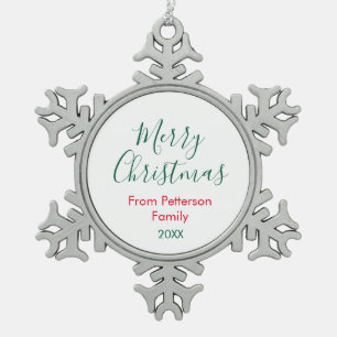 Merry Christmas add family name year simple Snowflake Pewter Christmas Ornament