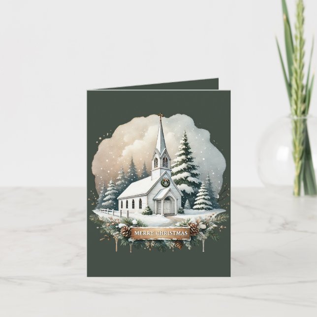 Merry Christmas add message Country Church  Holiday Card (Front)