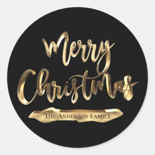 Merry Christmas Add Name or Text Black and Gold Classic Round Sticker
