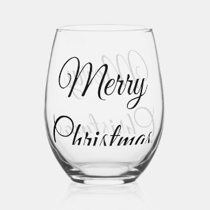 Merry Christmas add name text custom family gift Stemless Wine Glass