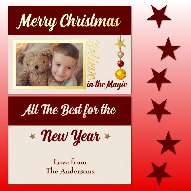 Merry Christmas add photo baubles stars burgundy Foil Holiday Card (Creator Uploaded)