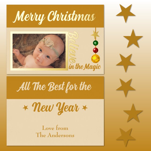 Merry Christmas add photo baubles stars gold real Foil Holiday Card (Creator Uploaded)