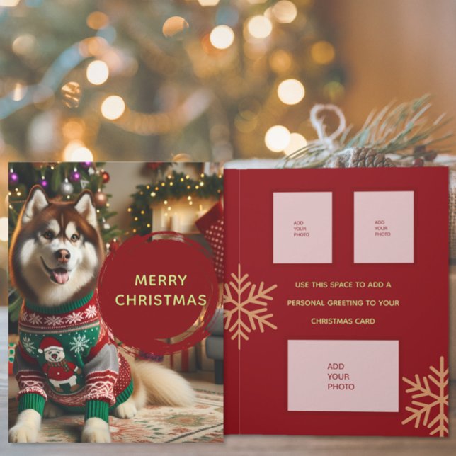 Merry Christmas Add Up To 7 Photos Greeting Card (The front and inside of the custom Add Photo Christmas Holiday greeting card)