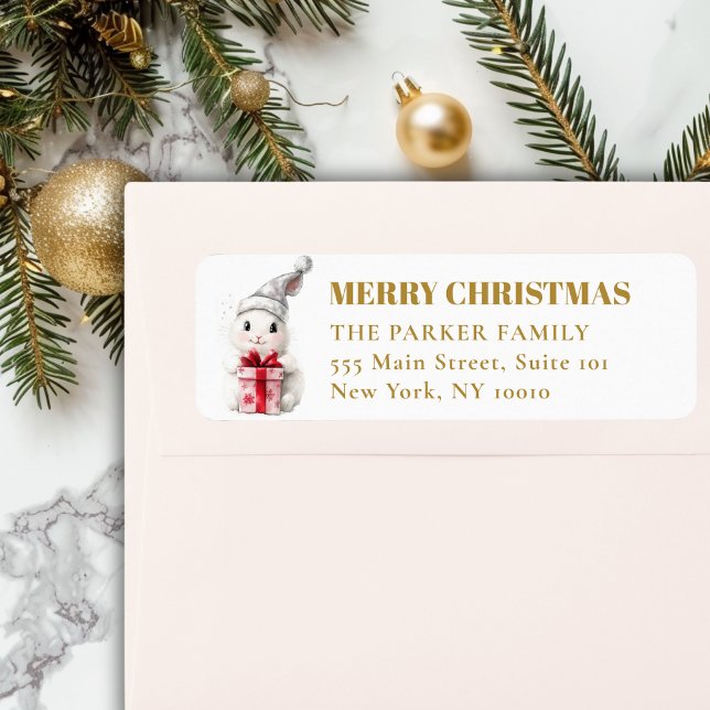 MERRY Christmas! Adorable, White Rabbit Santa Hat Return Address Label (MERRY & BRIGHT! Adorable, White Rabbit With Santa Hat, Address Return Labels.)