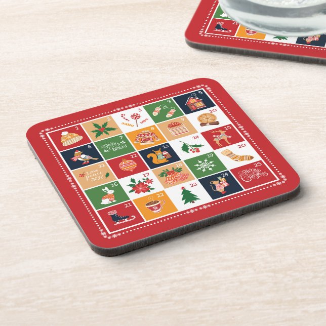 Merry Christmas Advent Calendar Poinsettia Red  Coaster (Left Side)