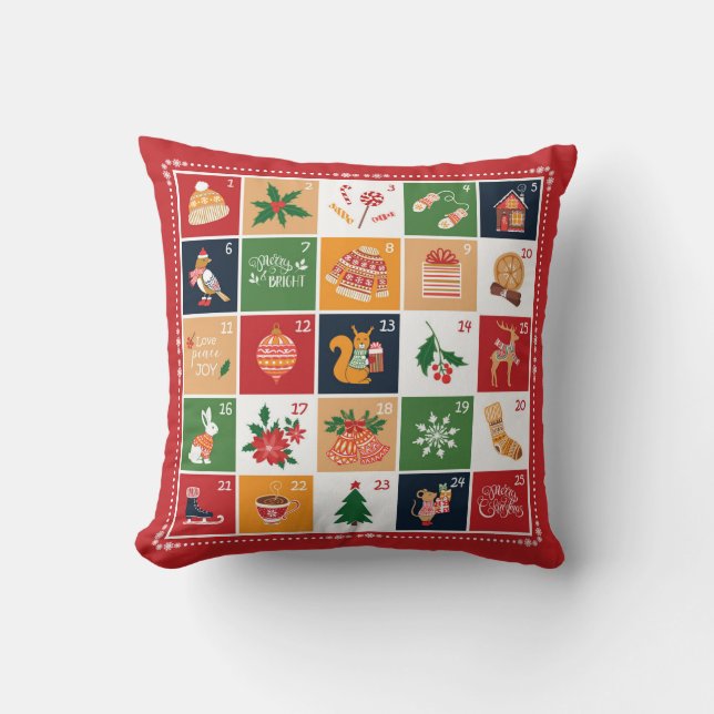 Merry Christmas Advent Calendar Poinsettia Red Cushion (Front)
