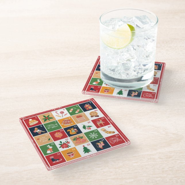 Merry Christmas Advent Calendar Poinsettia Red Glass Coaster (Angled)