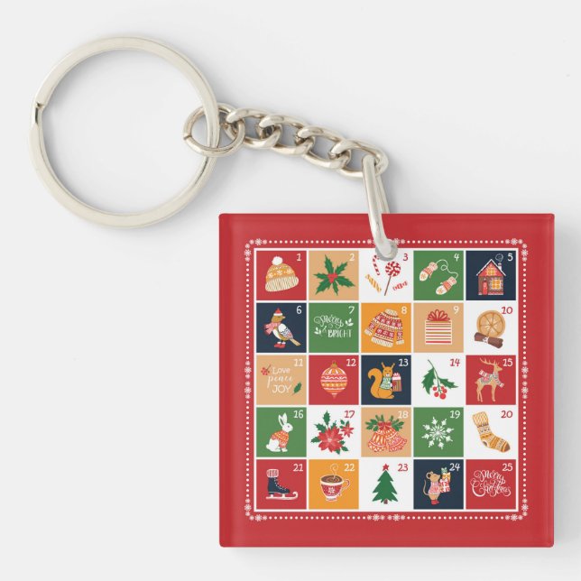 Merry Christmas Advent Calendar Poinsettia Red Key Ring (Front)