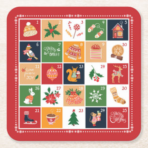 Merry Christmas Advent Calendar Poinsettia Red Square Paper Coaster