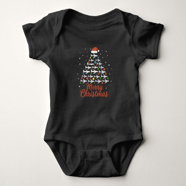 Merry Christmas Aeroplane Tree Vacation Baby Bodysuit (Front)