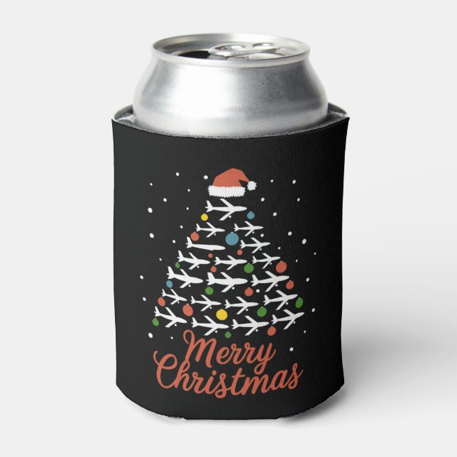 Merry Christmas Aeroplane Tree Vacation Can Cooler (Can Front)