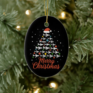 Merry Christmas Aeroplane Tree Vacation Ceramic Ornament