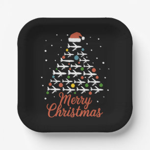 Merry Christmas Aeroplane Tree Vacation Paper Plate