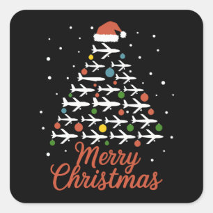 Merry Christmas Aeroplane Tree Vacation Square Sticker