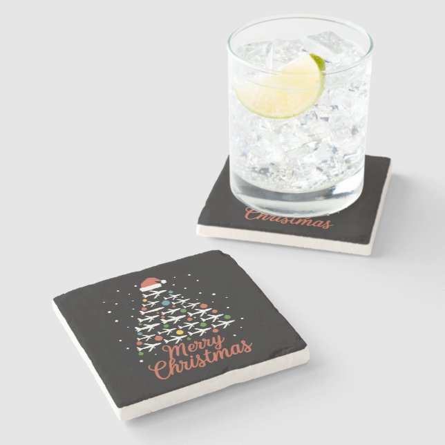 Merry Christmas Aeroplane Tree Vacation Stone Coaster (Side)