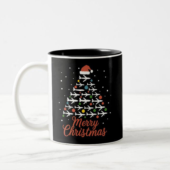 Merry Christmas Aeroplane Tree Vacation Two-Tone Coffee Mug (Left)