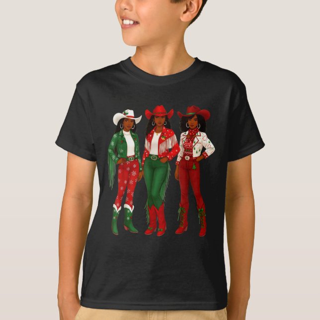 Merry Christmas African American Afro Cowgirl West T-Shirt (Front)