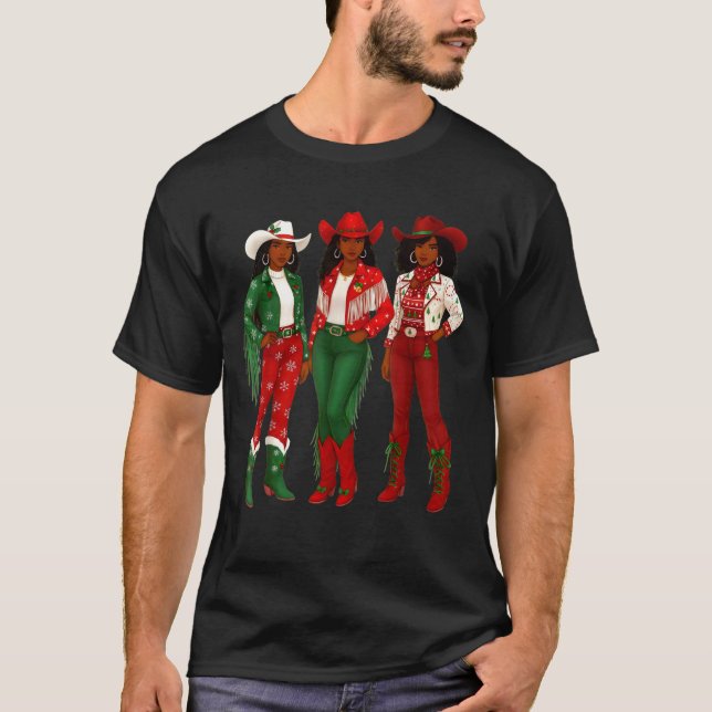 Merry Christmas African American Afro Cowgirl West T-Shirt (Front)