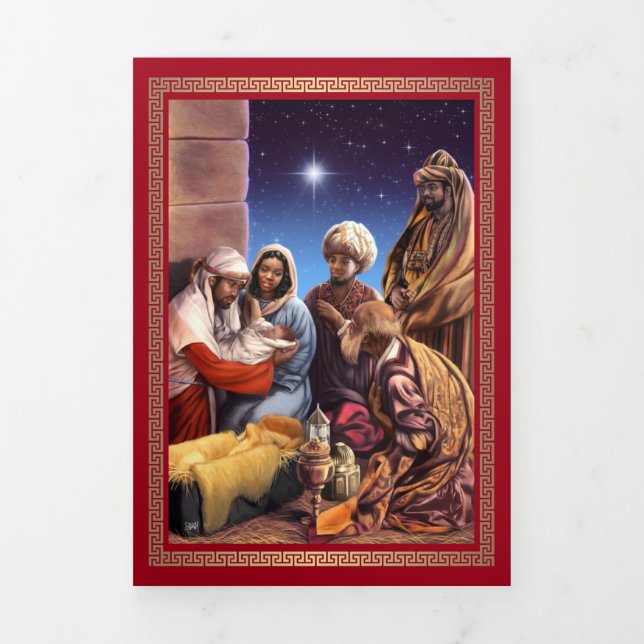 Merry Christmas. African American Nativity Art Tri-Fold Holiday Card (Cover)