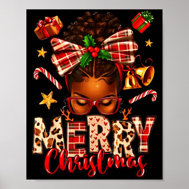Merry Christmas Afro Messy Bun Xmas 2025 Woman Gir Poster (Front)