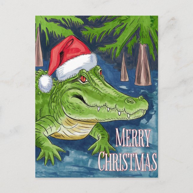 Merry Christmas Alligator with Santa’s Hat Holiday Postcard (Front)