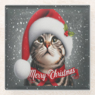 Merry Christmas American shorthair Cat , Santa Cat Glass Coaster
