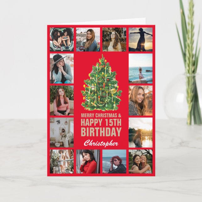 Merry Christmas and 15th Happy Birthday Red & Gold Card (Front)