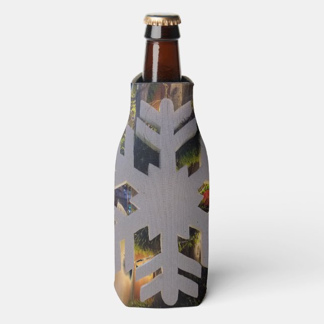 Merry Christmas and a Happy New Year Snowflake Art Bottle Cooler (Bottle Front)