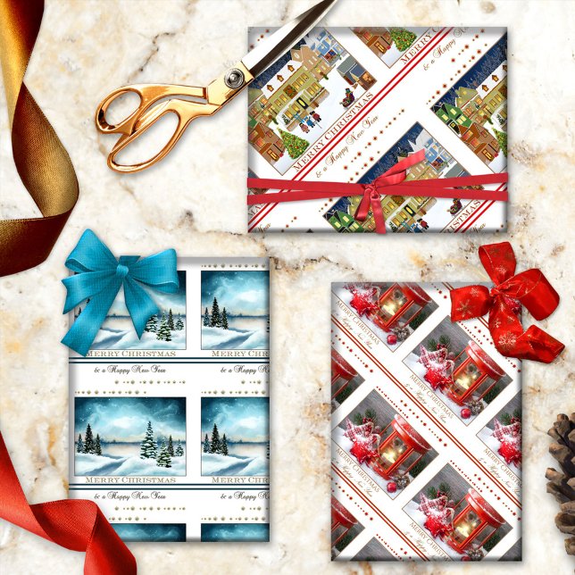 Merry Christmas and a Happy New Year Wrapping Paper Sheet (Festive Christmas and New Year wrapping paper sheets featuring colorful holiday designs)