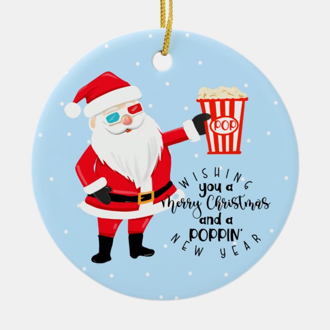 merry christmas and a poppin' new year popcorn ceramic ornament (Front)