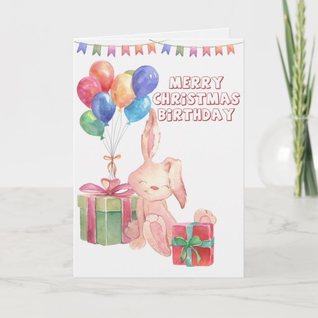 Merry Christmas and Happy Birthday Balloons Gifts Holiday Card (Front)