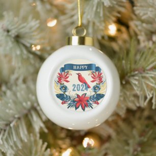 Merry Christmas and Happy New Year! 2024 Red Bird Ceramic Ball Christmas Ornament