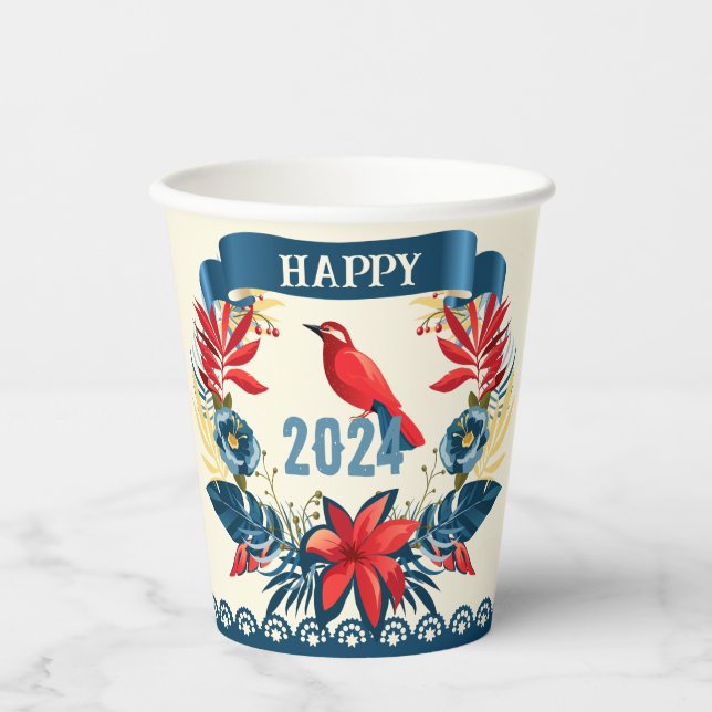 Merry Christmas and Happy New Year! 2024 Red Bird Paper Cups (Front)