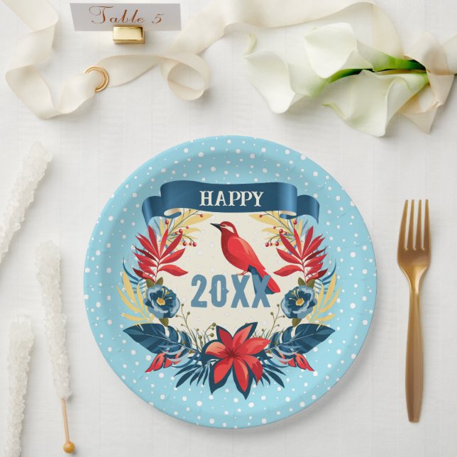Merry Christmas and Happy New Year! 20XX Red Bird Paper Plate (Wedding)