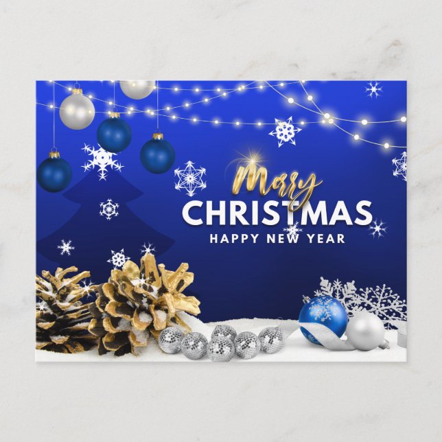 Merry Christmas and Happy New Year Blue Ornaments Holiday Postcard (Front)